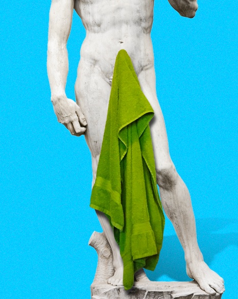 The Statue of David with a towel hanging from his penis