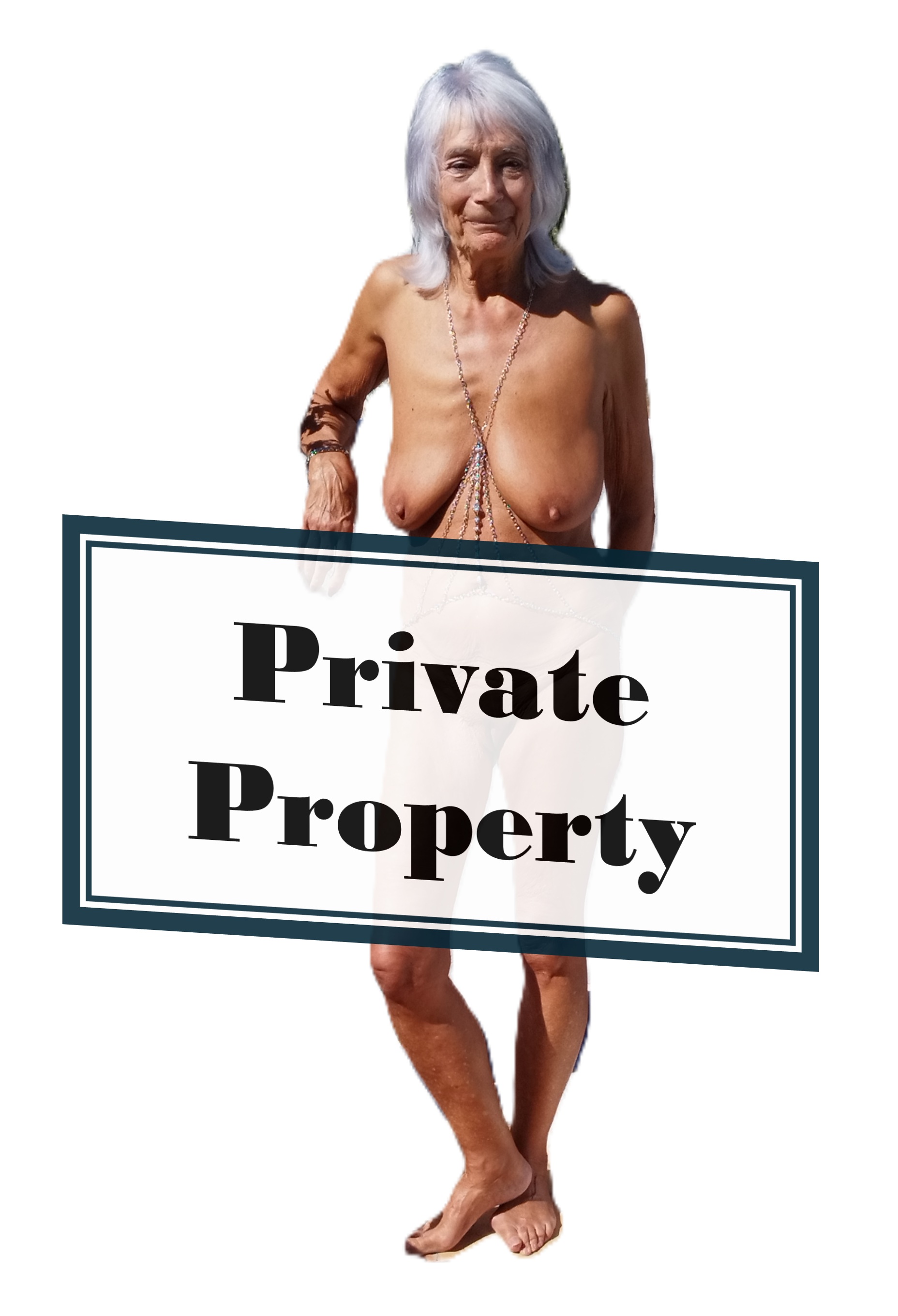 Yvonne, fully nude, holds a sign saying Private Property
